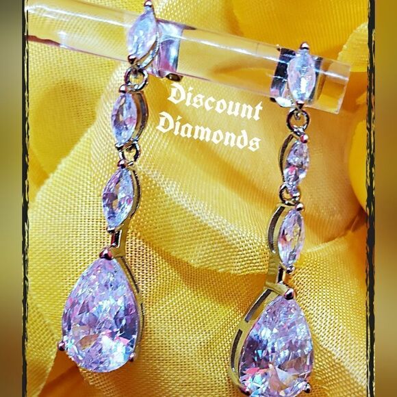 Gorgeous Clear White Diamond & White Baguette Diamond Earrings on 925 Silver - Picture 1 of 9
